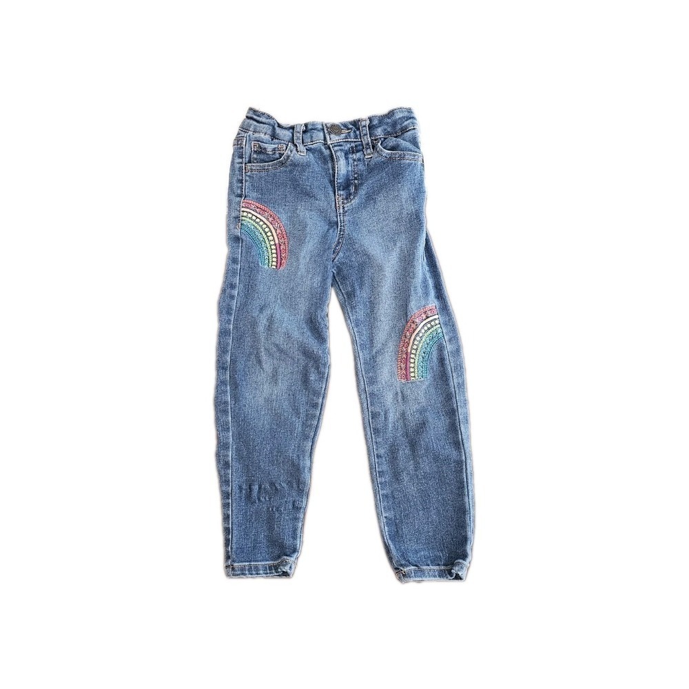 Cat Jack Girls Stretch Denim Blue Size 5  Rainbow Accents (Damage Leg) #16